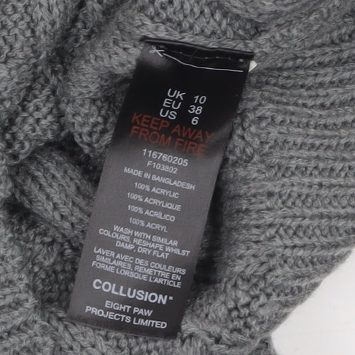 Collusion Women Grey Cable Knit Full Zip Hooded Jumper UK 10