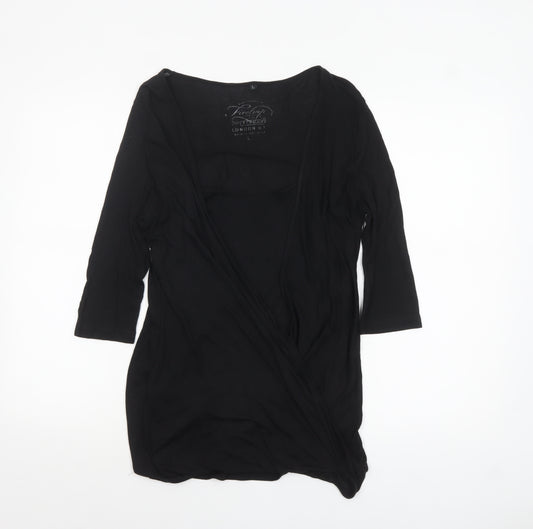 Firetrap Womens Black Wrap Blouse V-Neck 3/4 Sleeve L Modal