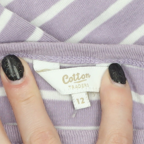 Cotton Traders Women Purple Striped 3/4 Sleeve Cotton T-Shirt Size 12