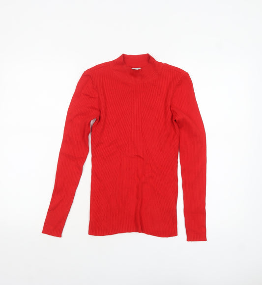 H&M Women's Red Mock Neck Slim Fit Rib Knit Jumper Size S