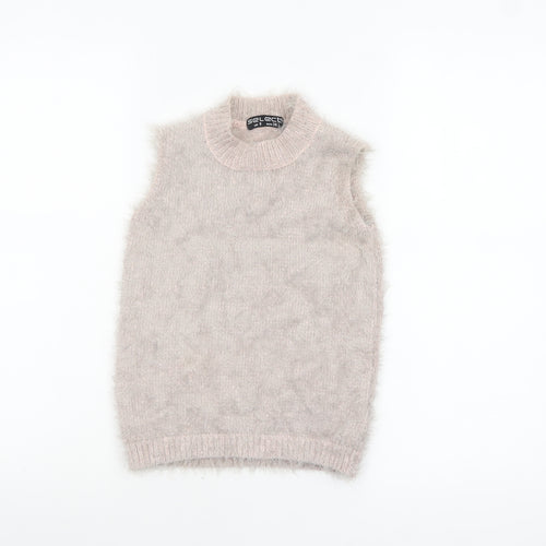 Select Women's Beige Fluffy Sleeveless Mock Neck Knit Vest Jumper Size 8