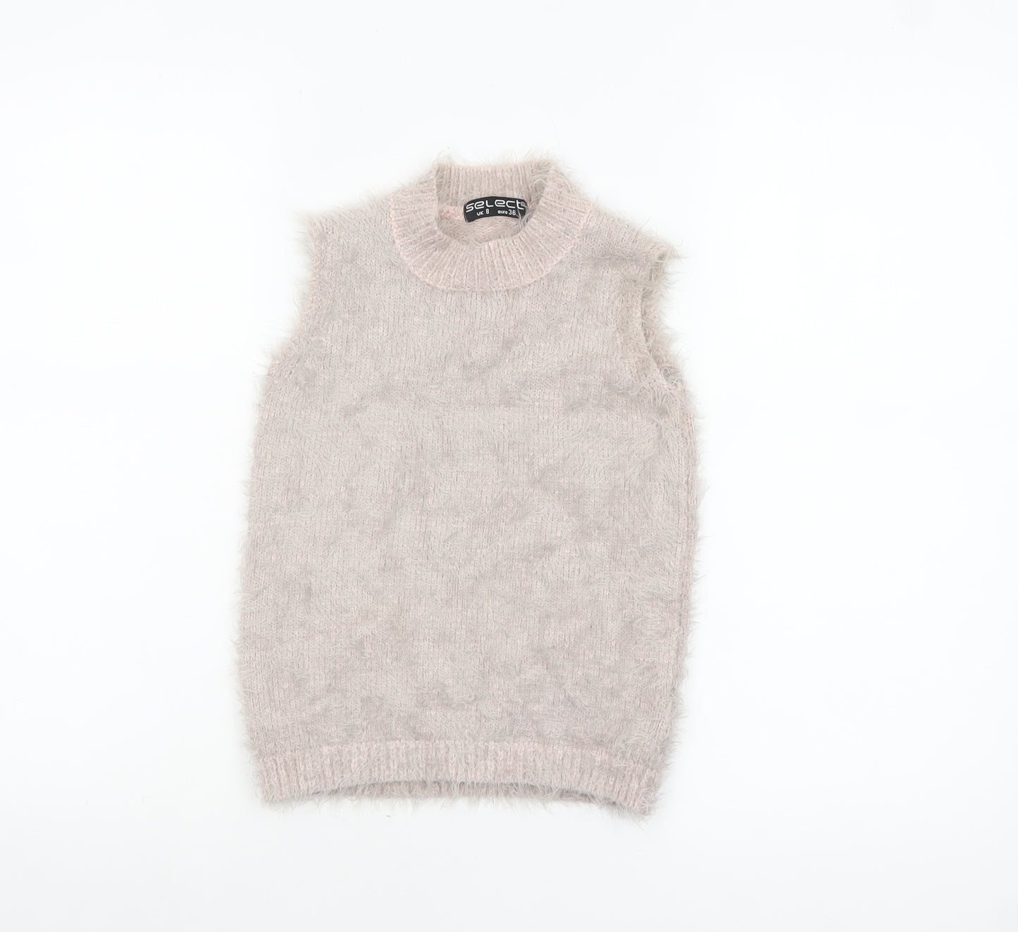 Select Women's Beige Fluffy Sleeveless Mock Neck Knit Vest Jumper Size 8