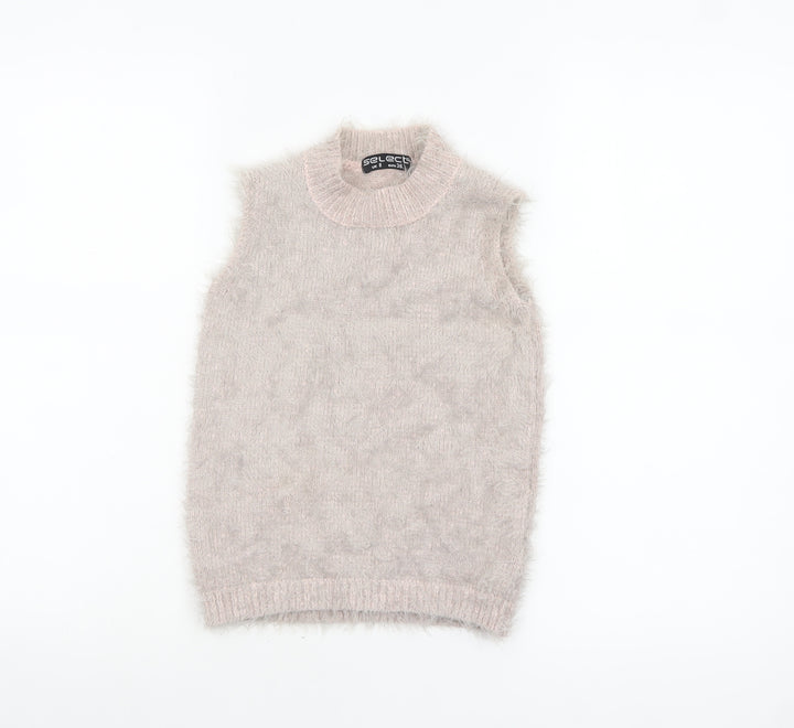 Select Women's Beige Fluffy Sleeveless Mock Neck Knit Vest Jumper Size 8