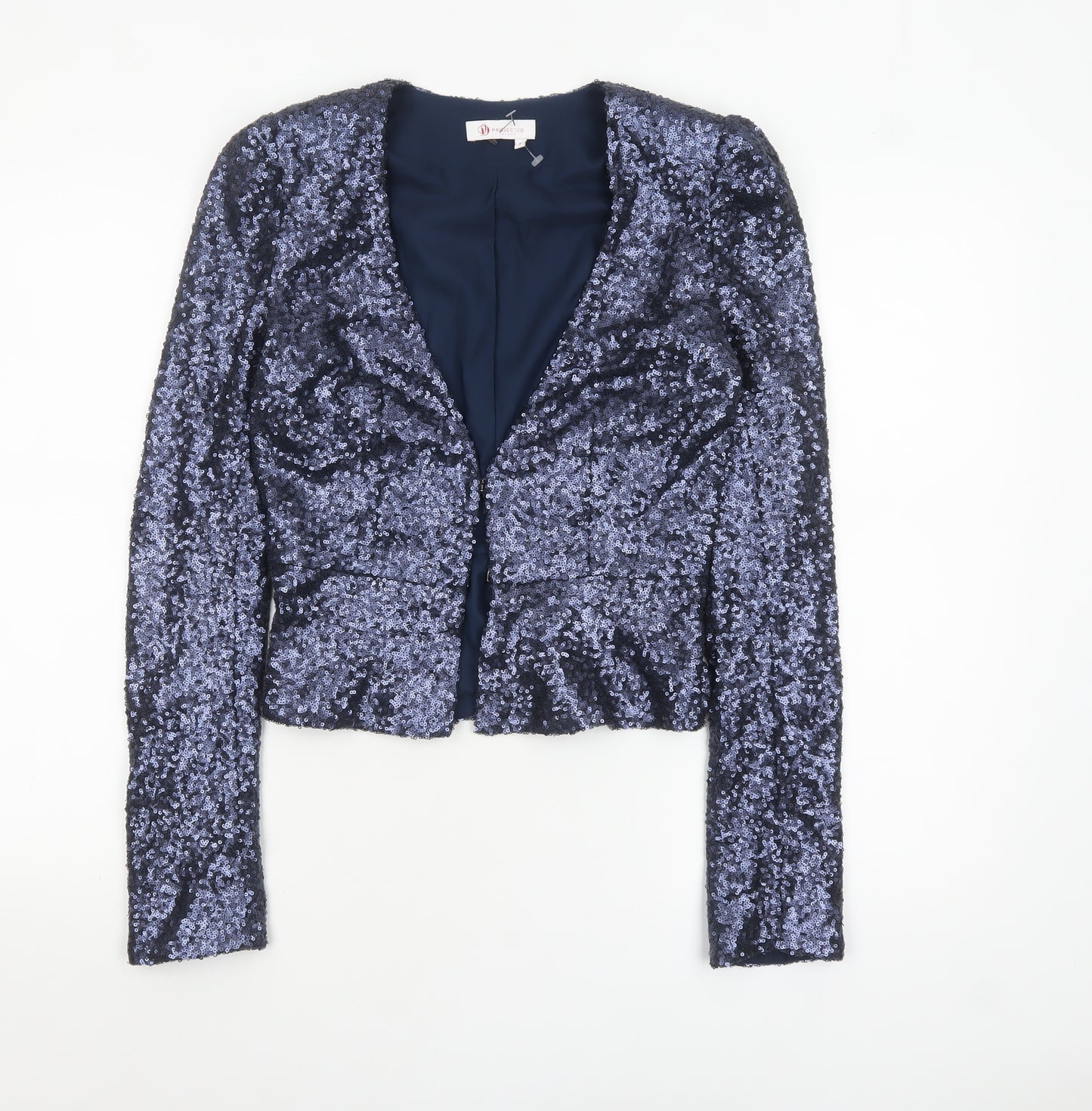 Project D London Women's Blue Sequin Cropped Blazer Jacket Size 8