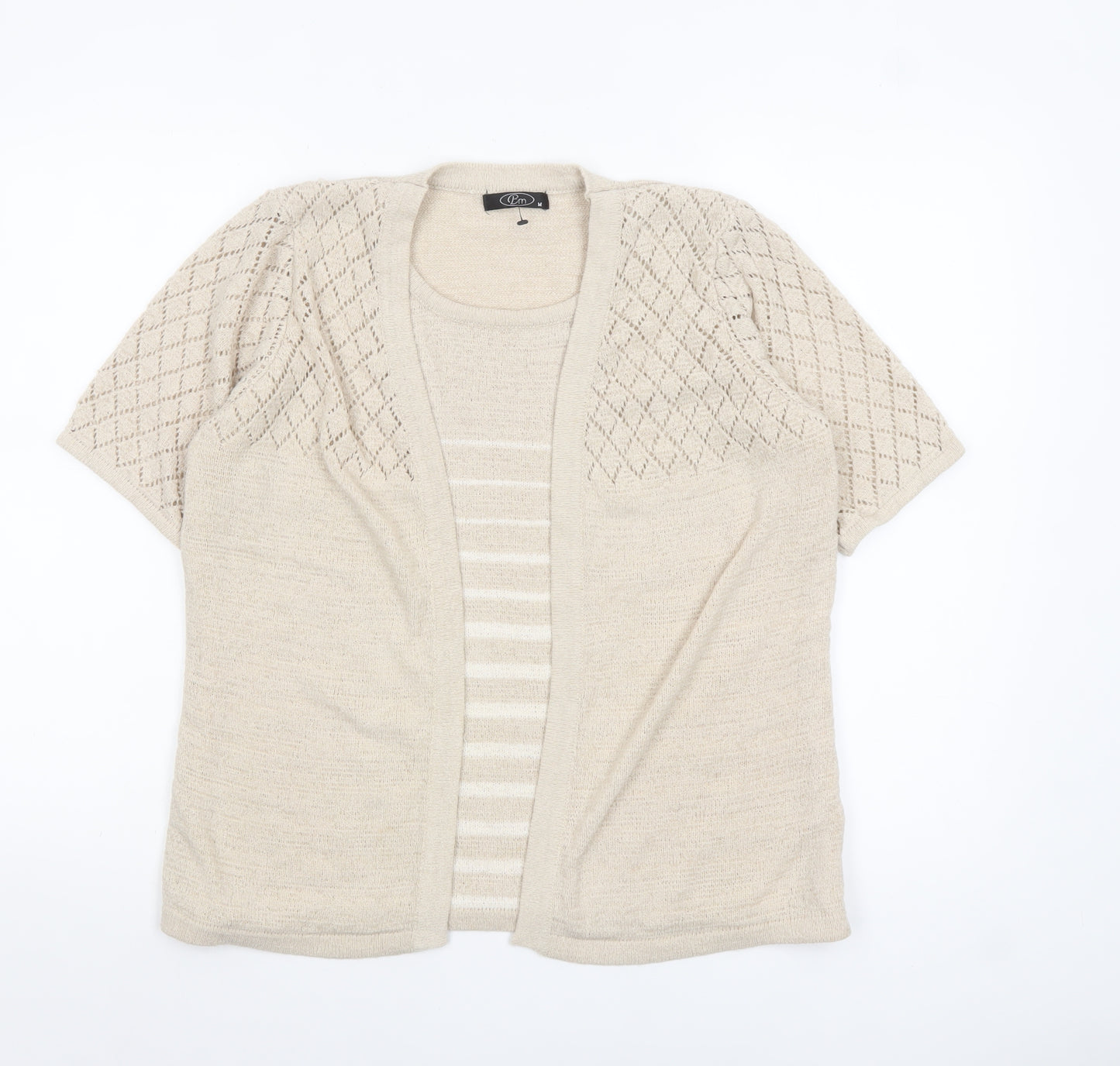 Bm Women Beige Short Sleeve Open Knit Cardigan M