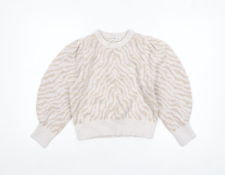 MNG Women Beige Animal Print Knit Pullover Jumper Size L