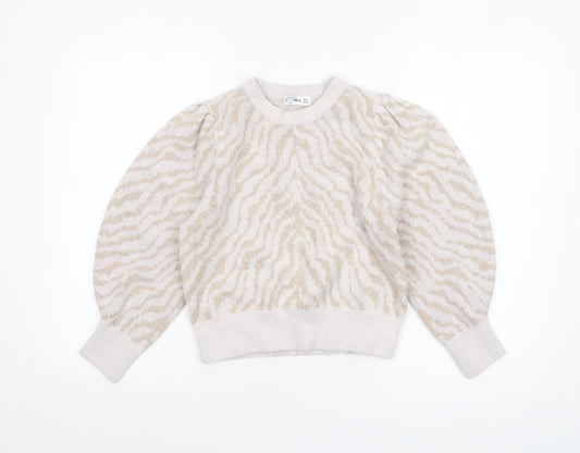 MNG Women Beige Animal Print Knit Pullover Jumper Size L