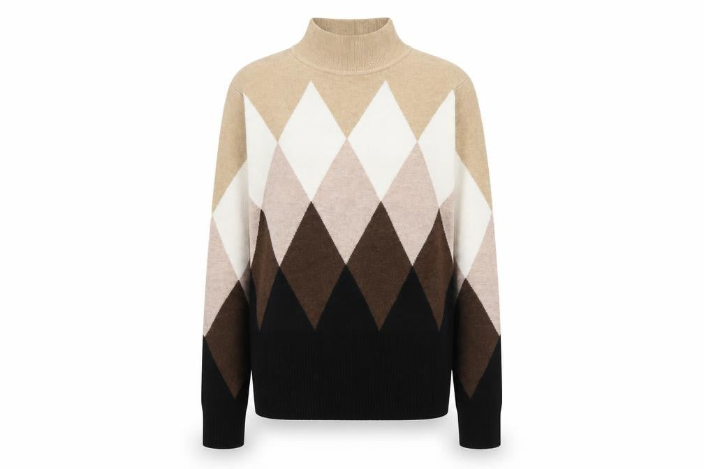 Marks and Spencer Women’s Beige Mock Neck Argyle Jumper Size 12