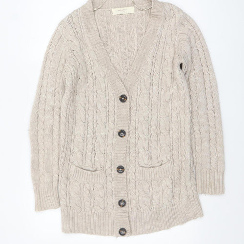 Zara Women Beige Cable-Knit Wool Blend V-Neck Cardigan Size 8
