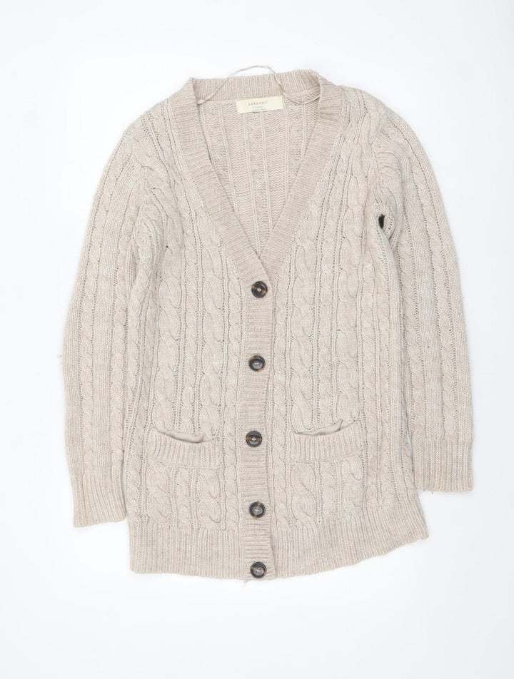 Zara Women Beige Cable-Knit Wool Blend V-Neck Cardigan Size 8