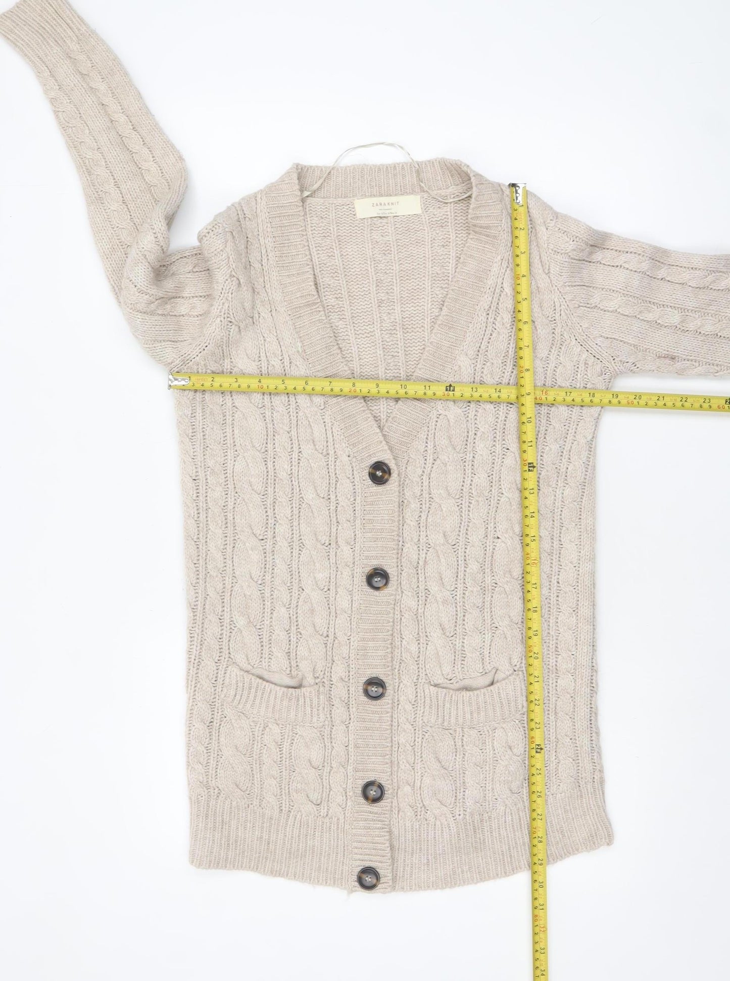 Zara Women Beige Cable-Knit Wool Blend V-Neck Cardigan Size 8