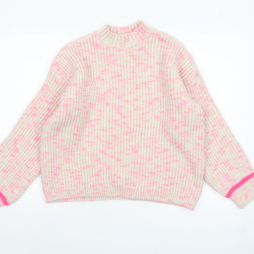 M&Co Womens Cream Pink Mock Neck Chunky Knit Jumper Size 16