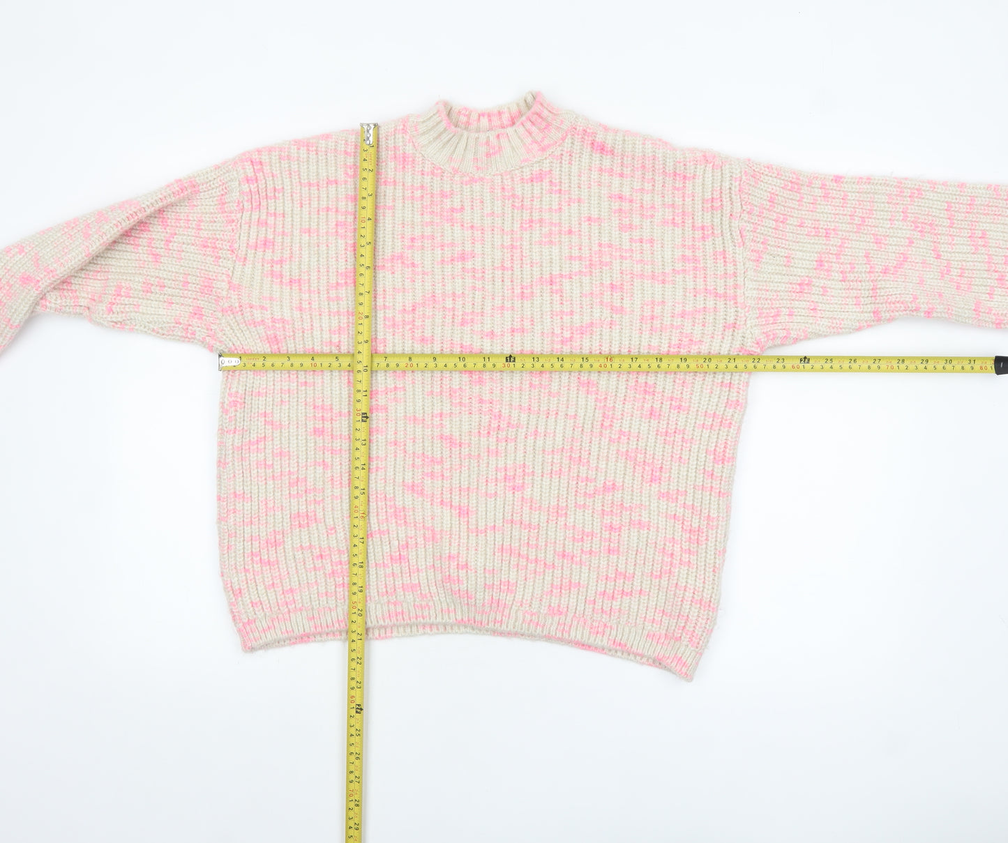 M&Co Womens Cream Pink Mock Neck Chunky Knit Jumper Size 16