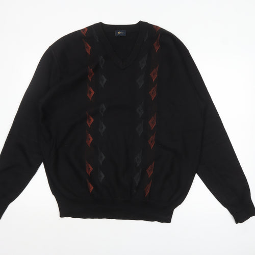 Gabicci Men's Black XL Wool Blend V-Neck Argyle Jumper