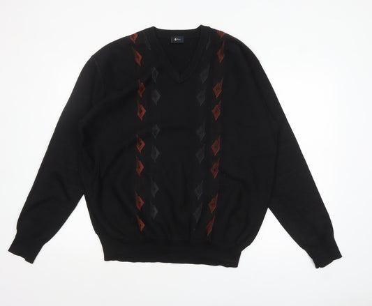 Gabicci Men's Black XL Wool Blend V-Neck Argyle Jumper