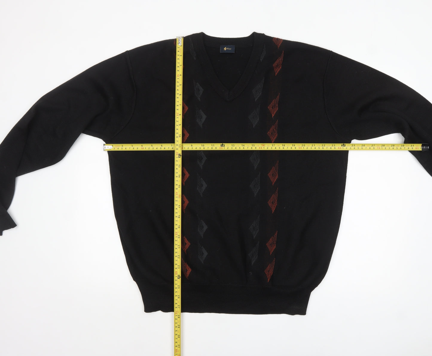 Gabicci Men's Black XL Wool Blend V-Neck Argyle Jumper