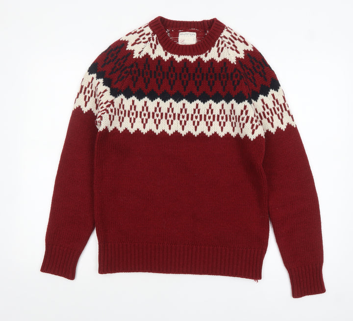 Burton Men's Red Fair Isle Crew Neck Knit Jumper Small