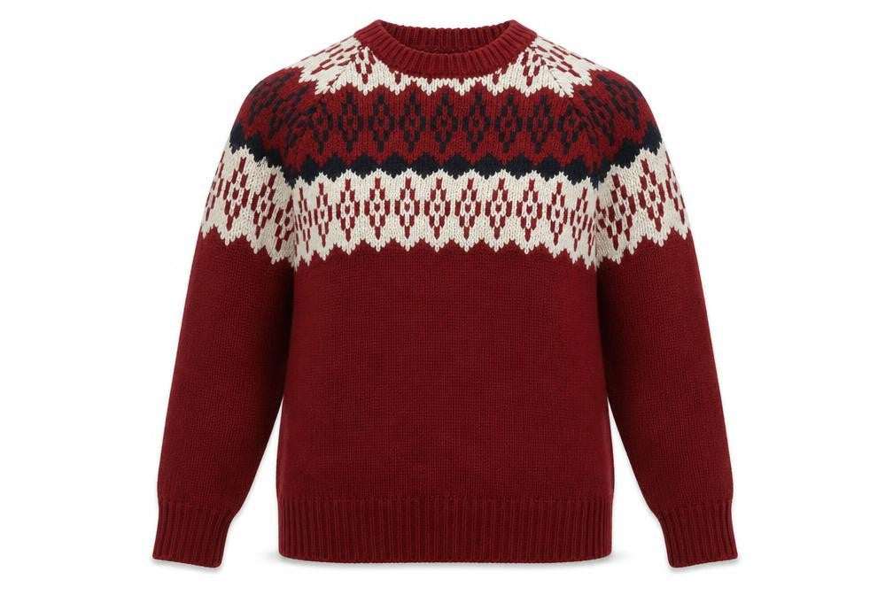 Front view of Burton Men's Red Fair Isle Crew Neck Knit Jumper Small