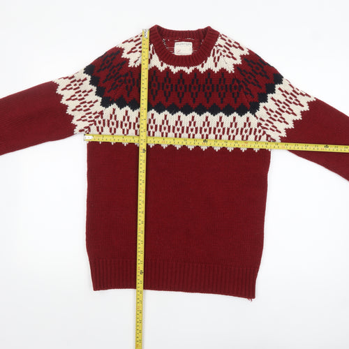 Burton Men's Red Fair Isle Crew Neck Knit Jumper Small