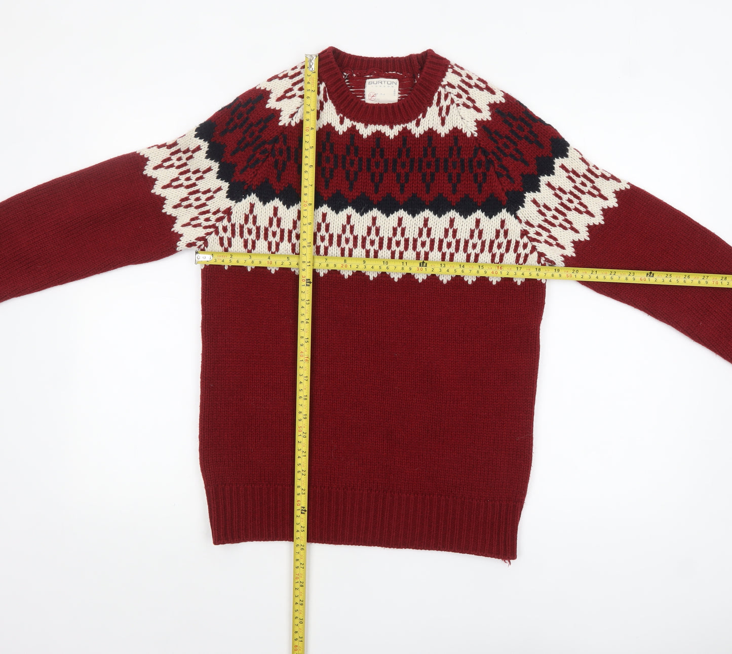 Burton Men's Red Fair Isle Crew Neck Knit Jumper Small