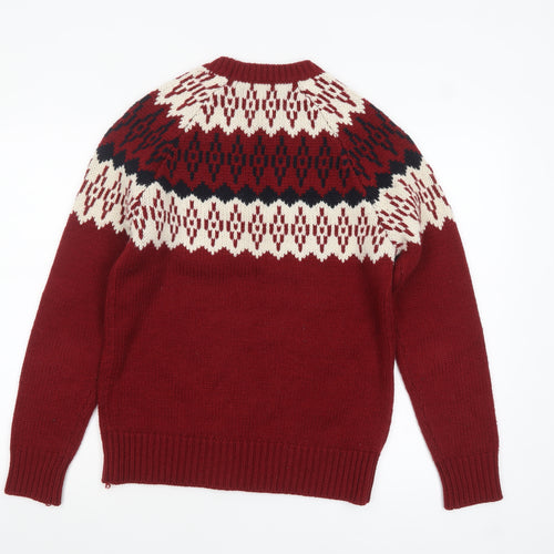 Burton Men's Red Fair Isle Crew Neck Knit Jumper Small