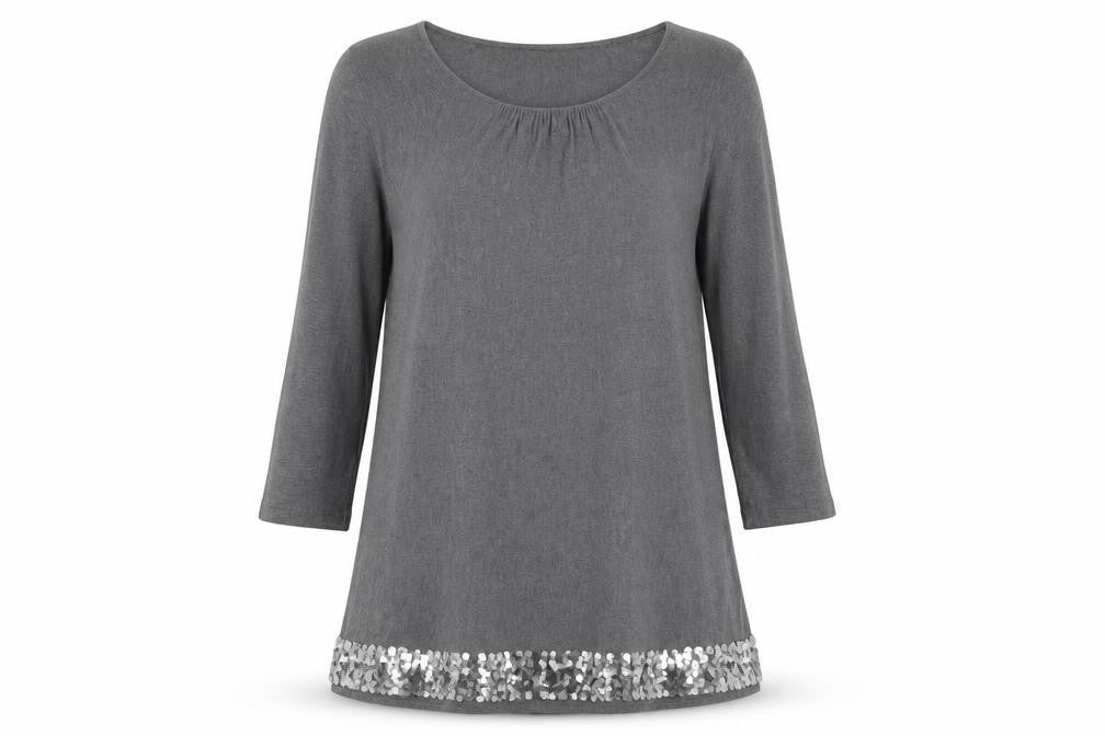 Front view of Phase Eight Women Grey Sequin Hem Tunic Top 3/4 Sleeve, size S