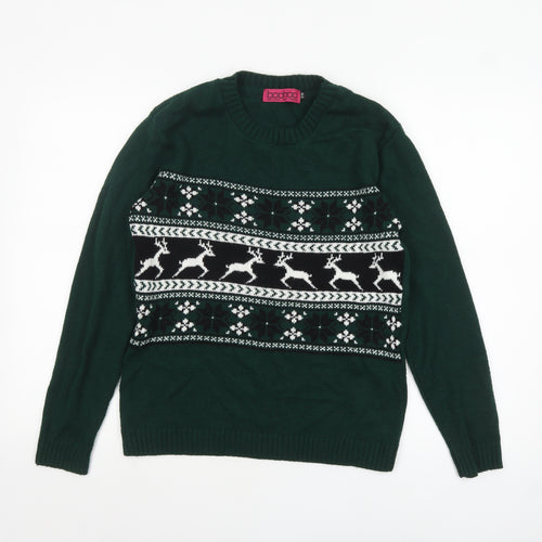 Boohoo Womens Green Christmas Reindeer Crew Neck Jumper Size S