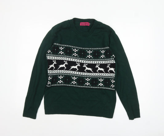 Boohoo Womens Green Christmas Reindeer Crew Neck Jumper Size S