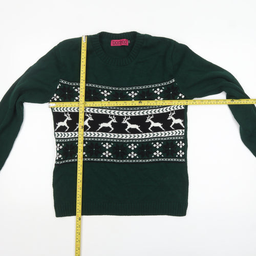 Boohoo Womens Green Christmas Reindeer Crew Neck Jumper Size S