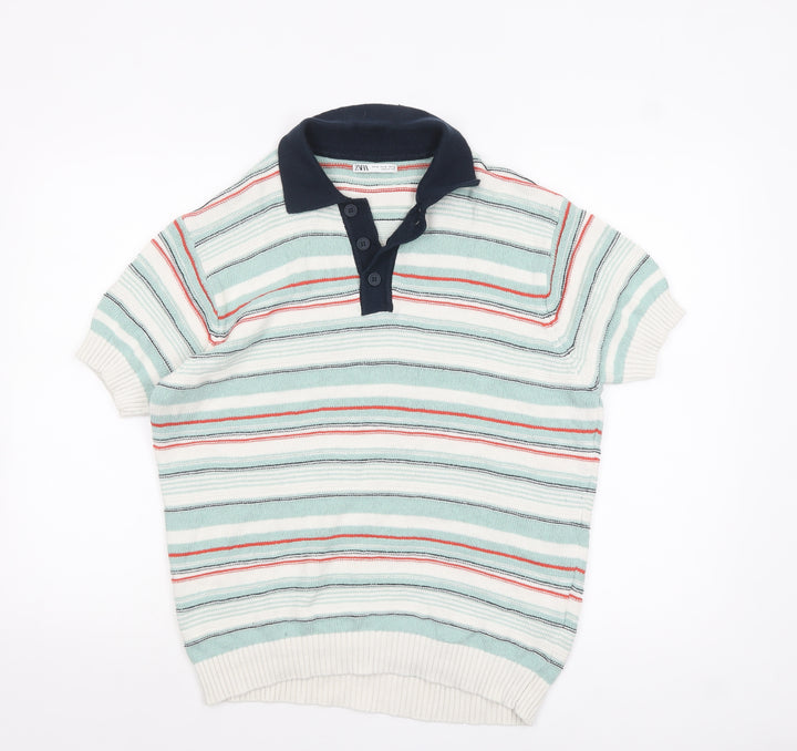 Zara Men’s Multicoloured Striped Collared Henley Jumper Size M