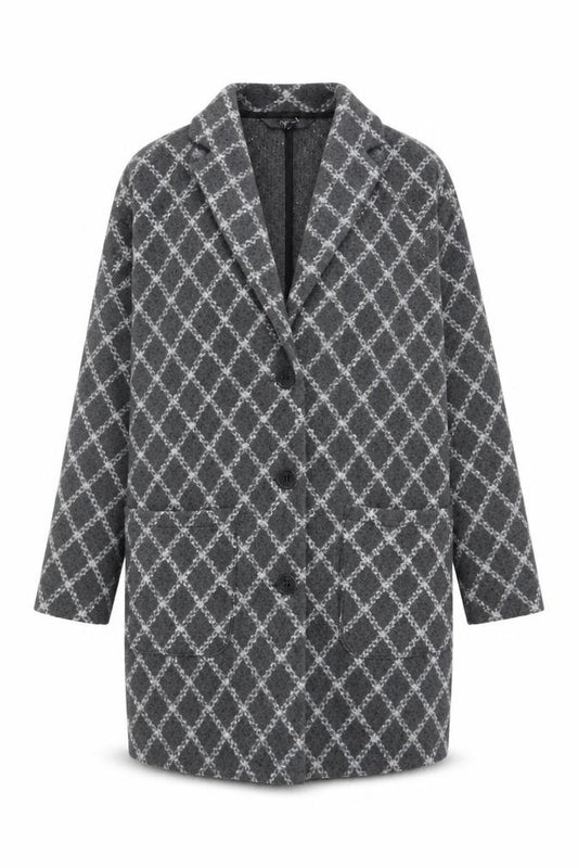 Front view of Next Women’s Grey Check Long Coatigan, size S, Acrylic Blend