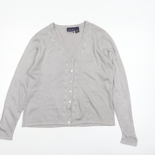 Hillard & Hanson Womens Grey V-Neck Embroidered Cardigan L