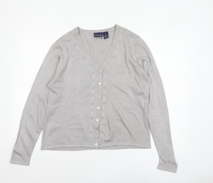 Hillard & Hanson Womens Grey V-Neck Embroidered Cardigan L