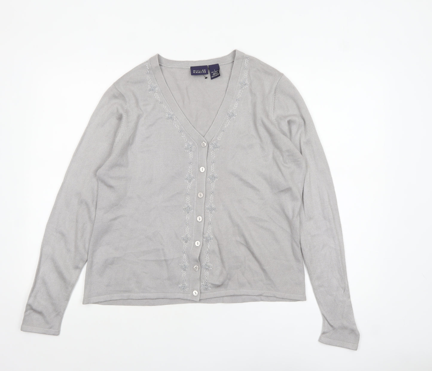 Hillard & Hanson Womens Grey V-Neck Embroidered Cardigan L