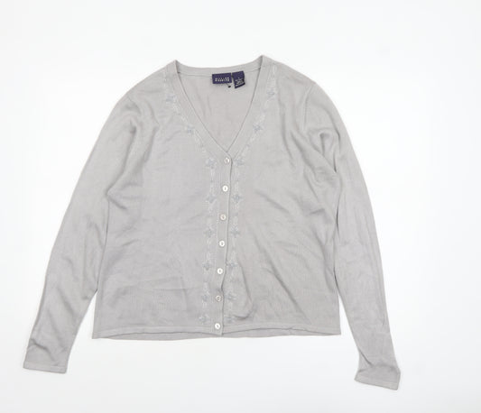 Hillard & Hanson Womens Grey V-Neck Embroidered Cardigan L