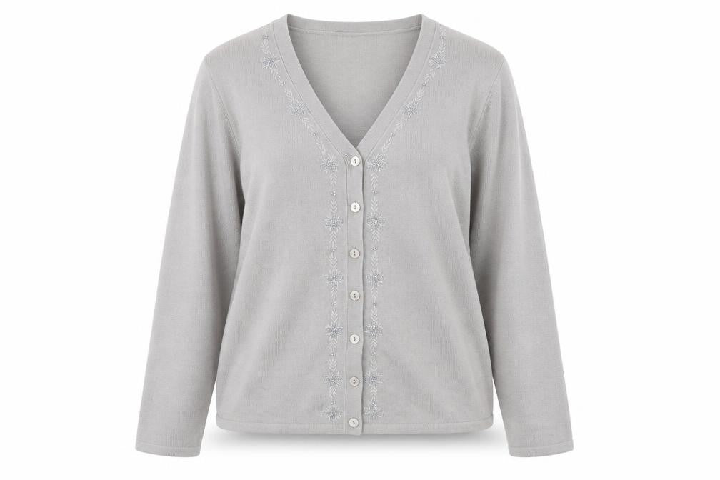 Front view of Hillard & Hanson women’s grey v-neck embroidered cardigan l