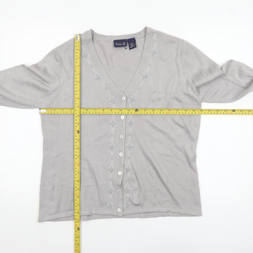 Hillard & Hanson Womens Grey V-Neck Embroidered Cardigan L