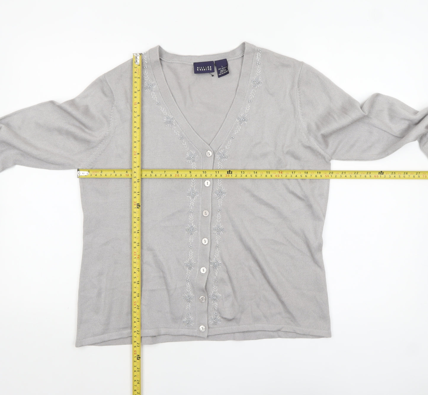 Hillard & Hanson Womens Grey V-Neck Embroidered Cardigan L
