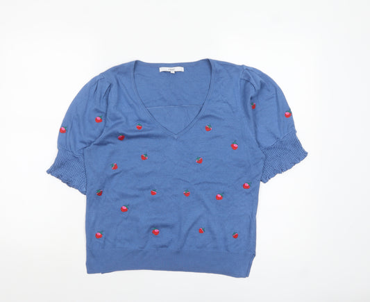 Next Women Blue Embroidered V-Neck Short Sleeve Jumper Size 12