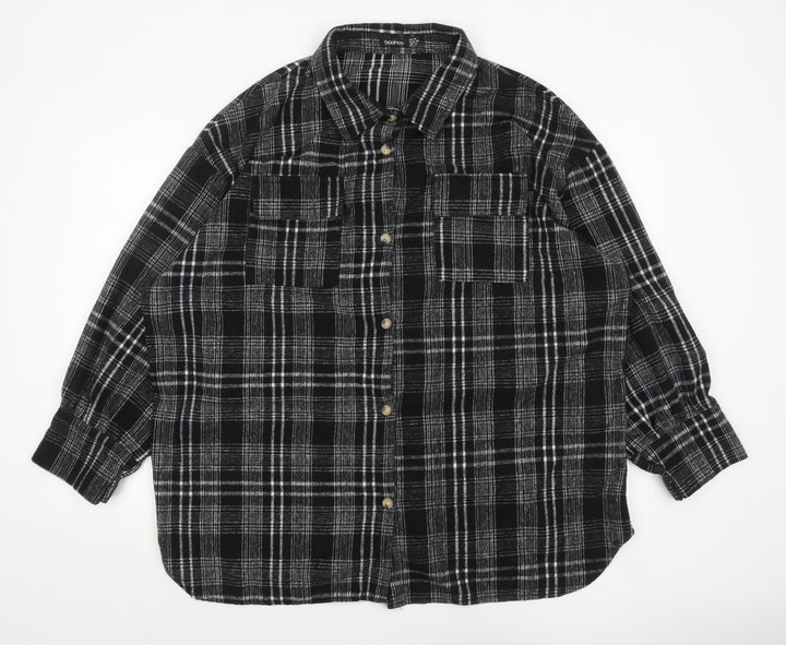 Boohoo Women Black Checked Flannel Shacket UK 18 Long Sleeve
