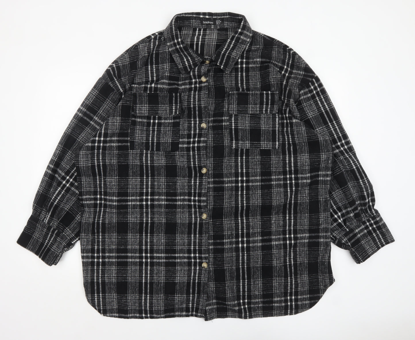 Boohoo Women Black Checked Flannel Shacket UK 18 Long Sleeve