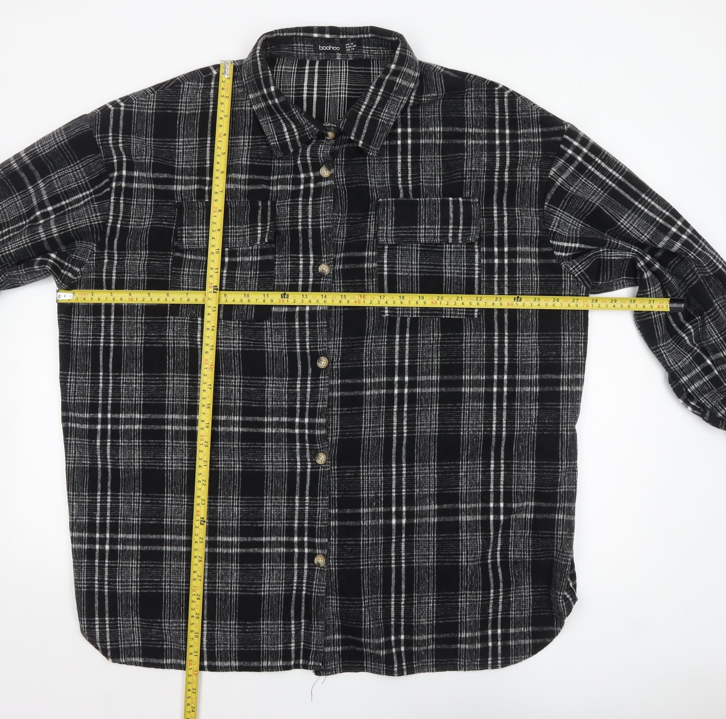 Boohoo Women Black Checked Flannel Shacket UK 18 Long Sleeve