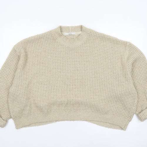 Next Women's Beige Waffle-Knit Crew Neck Jumper Size M