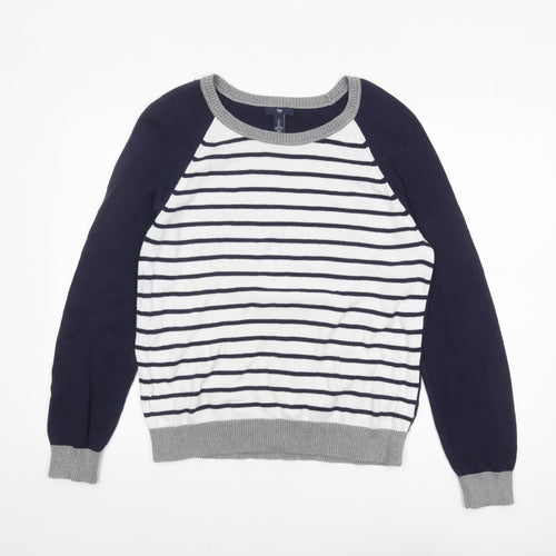 Gap Women's Blue Striped Crew Neck Cotton Jumper Size L