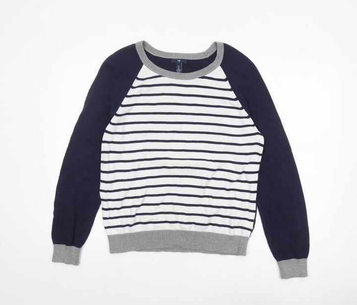 Gap Women's Blue Striped Crew Neck Cotton Jumper Size L