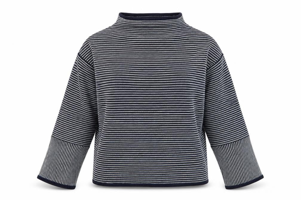 Front view of Warehouse Women’s Blue Striped Mock Neck Jumper, size UK 12