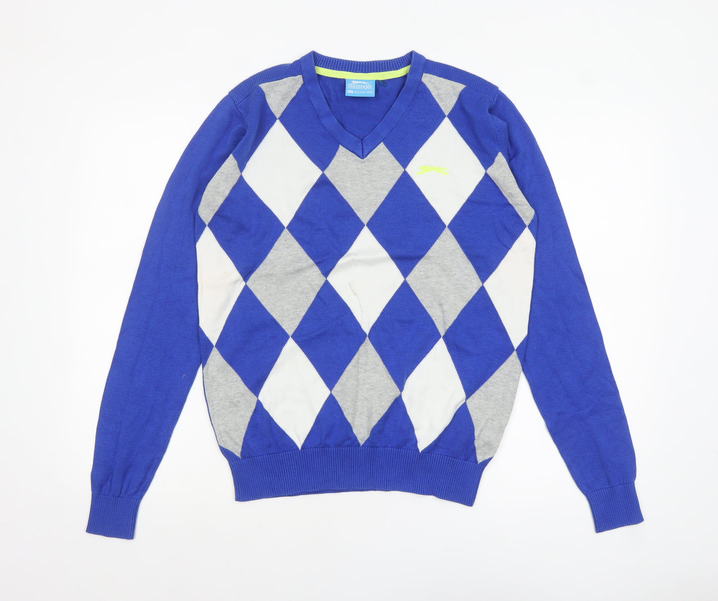 Slazenger Men's Blue Argyle V-Neck Cotton Blend Jumper M