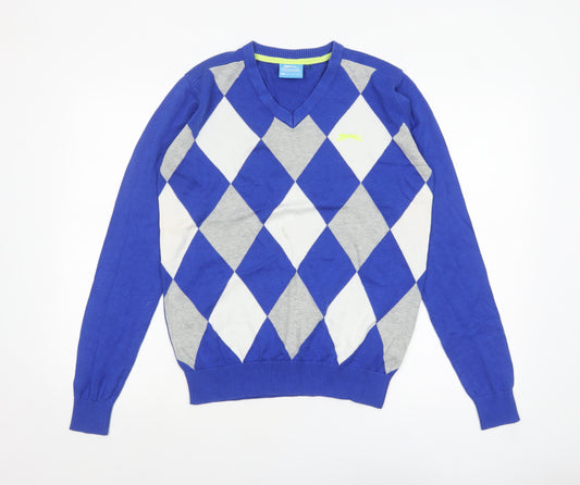Slazenger Men's Blue Argyle V-Neck Cotton Blend Jumper M