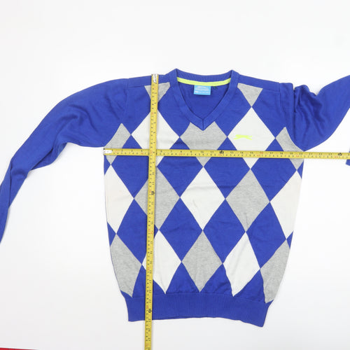 Slazenger Men's Blue Argyle V-Neck Cotton Blend Jumper M