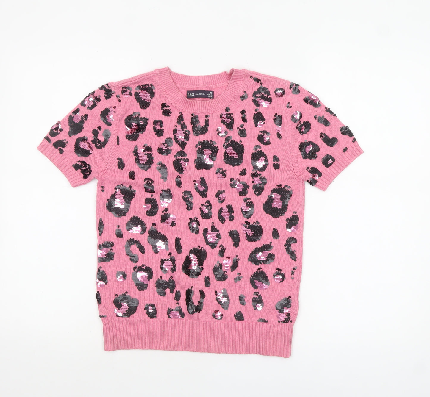 Marks and Spencer Women Pink Sequin Leopard Knit Jumper Size 10